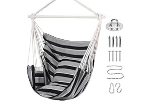 Goutime Schaukel Stuhl Große Hängematte Stuhl Weiche Baumwolle mit 2 Sitzkissen Kissen mit Tragetasche Hängeschaukel Outdoor & Indoor,Hängesitz für Erwachsene & Kinder bis 330Lbs (Grauer Streifen)