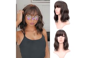 VCKOVCKO Short Bob Wigs Natural Brown Wavy Wig With Air Bangs Women's Shoulder Length Wigs Curly Wavy Synthetic Cosplay Wig Pastel Bob Wig for Girl Colorful Wigs(12", 4#)
