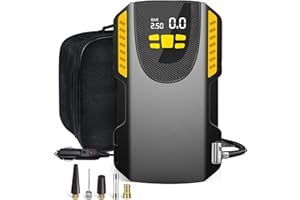 Rumicet Inflador de Neumáticos para Coche 12 V Mechero, Compresor de Aire Portátil 150 PSI con 3 Adaptadores, Luz LED, Autoapagado, Memoria de Presión, para Coche, Moto, Bicicleta, Balón, y Patinete