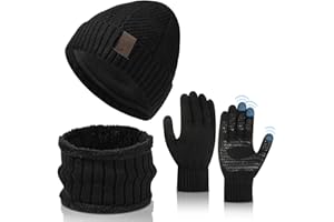 AYPOW Inverno Berretto Scaldacollo Guanti Set 3 in 1 Uomo Donna, Invernale Termico Lavorato a Maglia Cappello Warm Fleece Fodera Sciarpa Guanti Touchscreen Set Unisex per Sport all'aria Sci