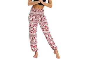 Nuofengkudu Femme Harem Pantalon Yoga Sarouel Legers Hippie Baggy Léger Ethnique Calqué Smockée Taille Haute avec Poches Été Plage