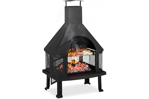 Relaxdays, noir cheminée de terrasse avec grill, Protection contre étincelle, tisonnier, massif, acier, 110 x 63 x 51 cm