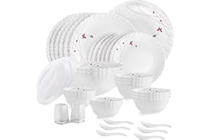 Cello Opalware Dazzle Lush Fiesta Dinner Set, 37 Units, White |Opal Glass Dinner Set for 6 | Light-Weight, Daily Use Crockery