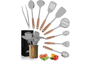 HOME HERO Set of 8 Silicone Kitchen Utensils - Kitchen Utensils Acacia Wood - Non-Stick Kitchen Utensil Set Silicone Spatulas Grey Spoon - Silicone Utensils Set Wooden Utensils Set