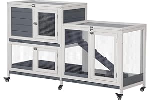 PawHut Conigliera in legno su ruote 147x45,5x88,5 cm Gabbia per conigli a 2 livelli con tetto apribile 2 corridoi in metallo 3 vassoi rimovibili 3 porte con chiusura e rampa Grigio