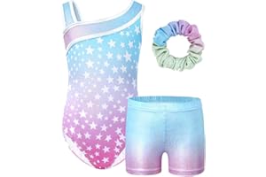 JiAmy Gymnastics Leotards for Girls with Short, Kids Athletic Crisscross Back Dancewear Gymnastics Athletic Outfit 3Pcs for Kids 3-12 Years