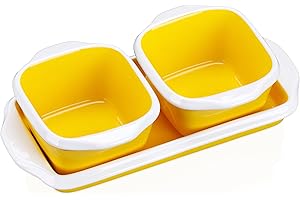 LOVECASA Set di stampi da forno in porcellana, 1 pirofila rettangolare + 2 mini pirottini per forno, mini ciotole per soufflé, crema, brulee, sformati, dessert, ciotole per snack, giallo