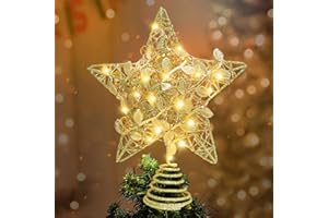 MECCTUCK Czubek na choinkę, gwiazdopodobny czubek na choinkę, żelazna gwiazda, bożonarodzeniowa dekoracja z złotymi liśćmi, ozdoba choinkowa w kształcie gwiazdy LED, dekoracja na baterie prześwitująca