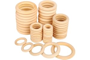 50 Pcs Natural Wood Rings, HNYYZL Unfinished Solid Wooden Rings Wood Loop Ring, for DIY Crafts Christmas Ornaments Wedding Decorations, 5 Size