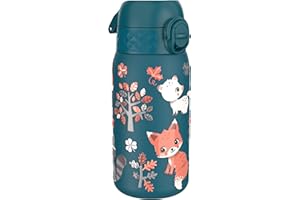 ION8 Butelka na Wodę dla Dzieci ze Lekki Stali, 400 ml/13 oz, Nieocieplany, Szczelna, Łatwa do Otwarcia, Bezpieczny Zamek, Można Myć w Zmywarce, Składany Uchwyt, Łatwa w Czyszczeniu, Zwierzęta Leśne