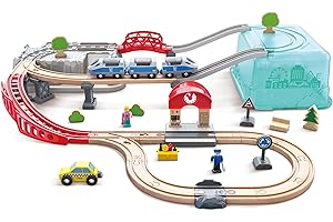 Jouet Hape Ensemble Circuit Train, Grue et Seau de Rangement - 48 Pièces Train, Locomotive, Gare, Voitures, Personnages - Jeu Educatif Enfant de 3 Ans et Plus - Compatible Marques Traditionnelles