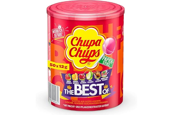 Chupa Chups Best of klubbburk, innehåller 50 klubbor i 6 smaker som cola, äpple, jordgubbar och andra praktiska förvaringsburkar, för jul, 50 x 12 g