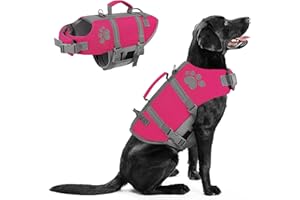 Queenmore Duża kamizelka ratunkowa dla psa, odblaskowa, lekka, z uchwytem ratunkowym, do pływania, pływania kajakiem dla jamnika, corgi, buldoga francuskiego, mopsa (fuksja, L)