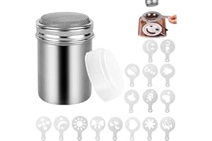 LoQuick Chocolat Tamiseur en Acier Inoxydable, Tamis de Cuisine, Farine Saupoudreuses à Mailles Fines, Tamis Patisserie Shaker Chocolat Glaçage, avec 16 Couvercles à Motifs Différents