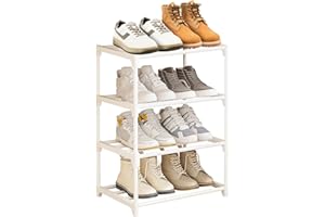 NIAWECAN Small Shoe Rack White, 4 Tier Shoe Racks, Metal Shoe Racks Slim, Stackable Shoe Stand, Narrow Shoe Organiser Storage Shelf for Closet, Entryway, Hallway, Bedroom, Quick Assembly
