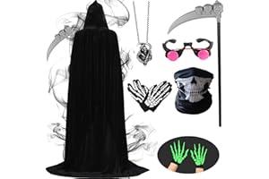 Ansamy Disfraz de Halloween de Fantasma para Niños Adultos, Carnaval Disfraz de Muerte Tenebrosa con Máscara de Calavera, Guantes, Guadaña, Gafas, Collar, Largo Capa con Capucha