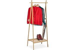 Relaxdays Bambusowy wieszak na ubrania, składany, drążek na ubrania z półką, 4 haczyki, wys. x szer. x gł.: 160 x 74 x 42 cm, wolnostojący, naturalny