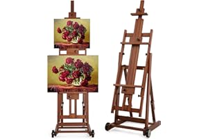 VISWIN Cavalletto a H Grande per Doppia Tela, Inclinabile all'Orizzontale, Cavalletto Professionale Regolabile in Legno di Faggio con 4 Ruote, Cavalletto Stabile Dipingere per Adulti, Artisti