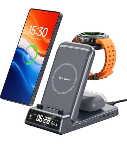 5-in-1 draadloos oplaadstation, draadloze oplader met aanraaksensorlicht, wekker, temperatuur, tijd, compatibel met iPhone 15/14/13/12 All Series & AirPods & iWatch