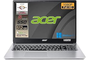 Acer Aspire SSD Silver New Athlon 3050u, RAM 8GB Ddr4, SSD M.2 PCi da 512GB, Display Full HD da 15,6, WebCam, USB, hdmi, BT, LAN, Win11 PRO, Libre Office, Pronto all'Uso Layout e Gar. Italia