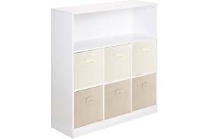 URBNLIVING White Wide 7 Cube Bookcase Cream & Beige Non Woven Drawers
