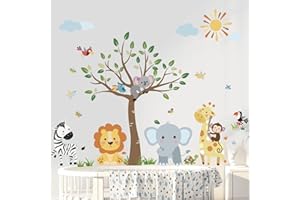 decalmile Pegatinas de Pared Bosque Animales Árbol Vinilos Decorativos Jungla Mono Elefante León Jirafa Adhesivos Pared Habitación Infantiles Niño Bebé