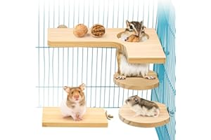 4-Piece Hamster Accessory Set, Small Animal Platform Natural Wood Hamster Toy for Guinea Pigs Chinchilla Rats Budgie Including L Jumping Board Round Rectangle and 3 Balls (L)