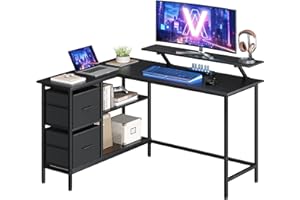 ‎VASAGLE VASAGLE Biurko w kształcie litery L, 2 pojemne szuflady, 135 x 105 cm, biurko komputerowe z podstawą pod monitor, biurko narożne, stół gamingowy z regulowaną półką 135 x 105 cm, heban Czarny LWD098B56
