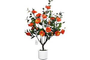 Leflos 90cm árbol de Flor Artificial, Camelia en Flor Naranja Realista, Planta Floral en Maceta Blanca para decoración de Interior