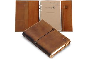 WANDERINGS Skórzany dziennik segregatora A5 do wielokrotnego napełniania, 22 cm x 15 cm, 6-pierścieniowy, organizer z kieszeniami, ręcznie wykonany film z prawdziwej skóry, kompatybilny z Filofax, różne strony z