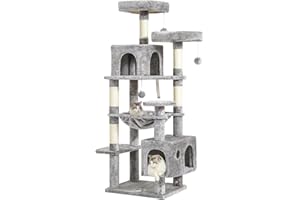 MSmask Kratzbaum groß, L Katzenbaum Stabil, Katzenkratzbaum mit 2 Plattformen, 2 Katzenhöhlen, Hängematte, Sisalsäulen, mehrstöckiger Kletterbaum für Katzen (Hellgrau, 160 cm)