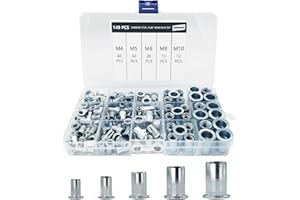 JIEHAOJIA 149 Stück Nietmuttern Set M4 M5 M6 M8 M10 Nietmuttern Blindnietmuttern Verzinkter Stahl Flachkopf Gewinde Nieteinsatz Sortiment Rändelt Stahlkopfmuttern