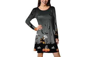 For G and PL Damen Halloween Rundhals Langarm Skelett Kostüm Druck Party A Linie Minikleid S-XXL