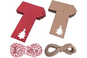KIBON 100PCS Christmas Tree Kraft Paper Gift Tags,Christmas Tree Gift Tags,Gift Tags 4.5cm x 9.5 cm Paper Tags,red Tags,Scallop Xmas Label Luggage Hanging Decoration Tags (50pcs Red+50pcs Brown)