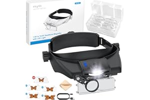 eSynic 13X Lente di Ingrandimento Frontale con Luce 2 LED Luminosità Regolabile Lente d'Ingrandimento a Testa Ricaricabile con 5 Lenti 1.5-3.5X + 8X per Lettura Riparazione Gioielli - Nero