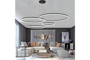 LIUYU Lámpara de Techo Colgante para Salón Negra (Lámparas de Techo Colgantes), LED Moderna 130W, Control Remoto + Cable de Suspensión Ajustable 150cm, Diseño Circular 4 Anillos (∅20+40+60+80cm)