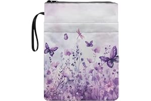 Wanyint Book Sleeve for Girls Book Protector with Zipper and Front Pocket Book Cover for Cat Lovers Book Lovers 11.4 x 8.7 Inch, Butterfly Flower Violet