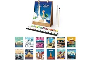 Lebartm 2026 New Calendar Paint by Numbers Kit for Adult 12 Different Elements Hand-Painted Oil Paintings Desk Calendar for Home Office Planning-Scenery