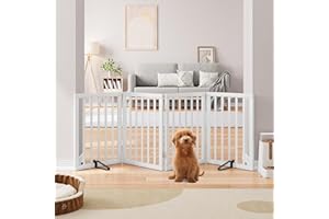 Semiocthome Freestanding Dog Gates and Barriers Indoor Pet Gates for Doorways and Stairs, 60cm(H) 4-Panel Puppy Gate with 2 Metals Stands Fully Assembled Adjustable Safety Fence Fit Up to 188cm White