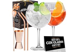 VEMACITY Lot de 2 Verres G&T Gin Tonic Ondulés Faits à la Main | Cuillère à Cocktail en, Mesure à Esprit, 2 Pailles en Métal et Spirit Verser. Un Livre électronique de recettes | Boîte Cadeau
