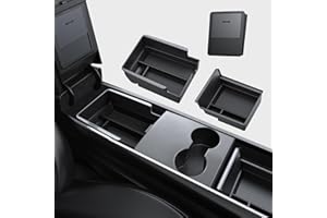 BASENOR 3PCS Tesla Model Y Model 3 Center Console Organizer [Carbon Fiber Edition] Armrest Hidden Storage Box, Custom for Modell Y 2021-2024 Modell 3 2021-2023, Tesla Interior Accessories