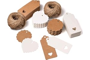 CareHabi - 200Pezzi. Etichette Regalo in carta kraft con cuore e corda di iuta 50M per regali di nozze, regali di Natale, feste, decorazioni per regali