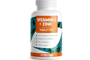 ‎PROFUEL Vitamin C + Zink (365 Tabs) - optimal hochdosiert: 500 mg gepuffertes Vitamin C + 15 mg Zink aus bioverfügbarem Zinkbisglycinat - Immunsystem & Zellschutz - laborgeprüft mit Zertifikat - 100% vegan