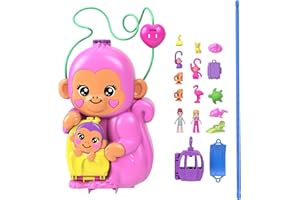 Polly Pocket Kompaktowa torebka Małpka Zestaw do zabawy z figurkami zwierzątek i akcesoriami, HWP04