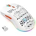 ROCK POW Wireless Gaming Mouse, Honeycomb Ultralight 6 Programmable Buttons, Adjustable DPI, Ergonomic, RGB Backlight, Optical Sensor, Rechargeable, White, USB, For Laptop, Computer, PC, MAC