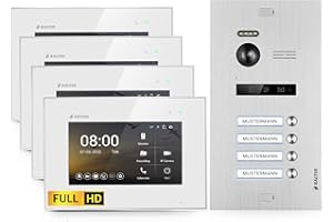 Balter EVO-HD Video Türsprechanlage, Video Türklingel mit Kamera, 4 familienhaus Klingel, 4 x 7 Zoll HD Monitor, Full HD-Kamera, 2 Draht Bus, Gegensprechanlage mit 175° Weitwinkel-Kamera