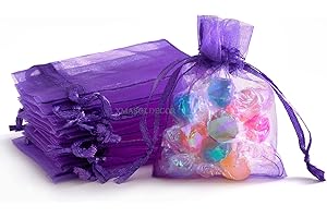 XMASOLDECOR Lot de 50 petits sacs cadeaux en organza violet transparent avec cordon de serrage pour anniversaire, anniversaire et fête prénatale 7 x 9 cm