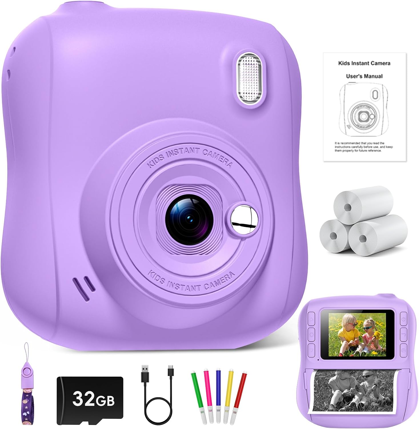 Cámara Instantánea para Niños de 14 MP, 1080p Cámara Digital con Impresión Instantánea, Tarjeta de 32 GB y 3 Rollos de Papel Térmico, Regalo de Cumpleaños para Niños y Niñas de 3 a 12 Años