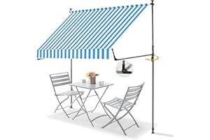 BELLEMAX 2023 Upgrade Klemmmarkise Markise Balkon ohne Bohren, Balkonmarkise mit Patentierte Verlängerten Seitenstangen, 150cm x (125+25cm) Blaue Weiße Streifen, Sonnenschutz Wasserdicht und höhenverstellbar