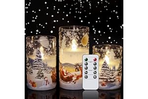 Eldnacele Glass Flickering Flameless Santa Claus Candles with Remote Timer Battery Operated Led Pillar Candles 3 Pack, Santa Sleigh Pattern Real Wax Candles for Christmas Home Decoration
